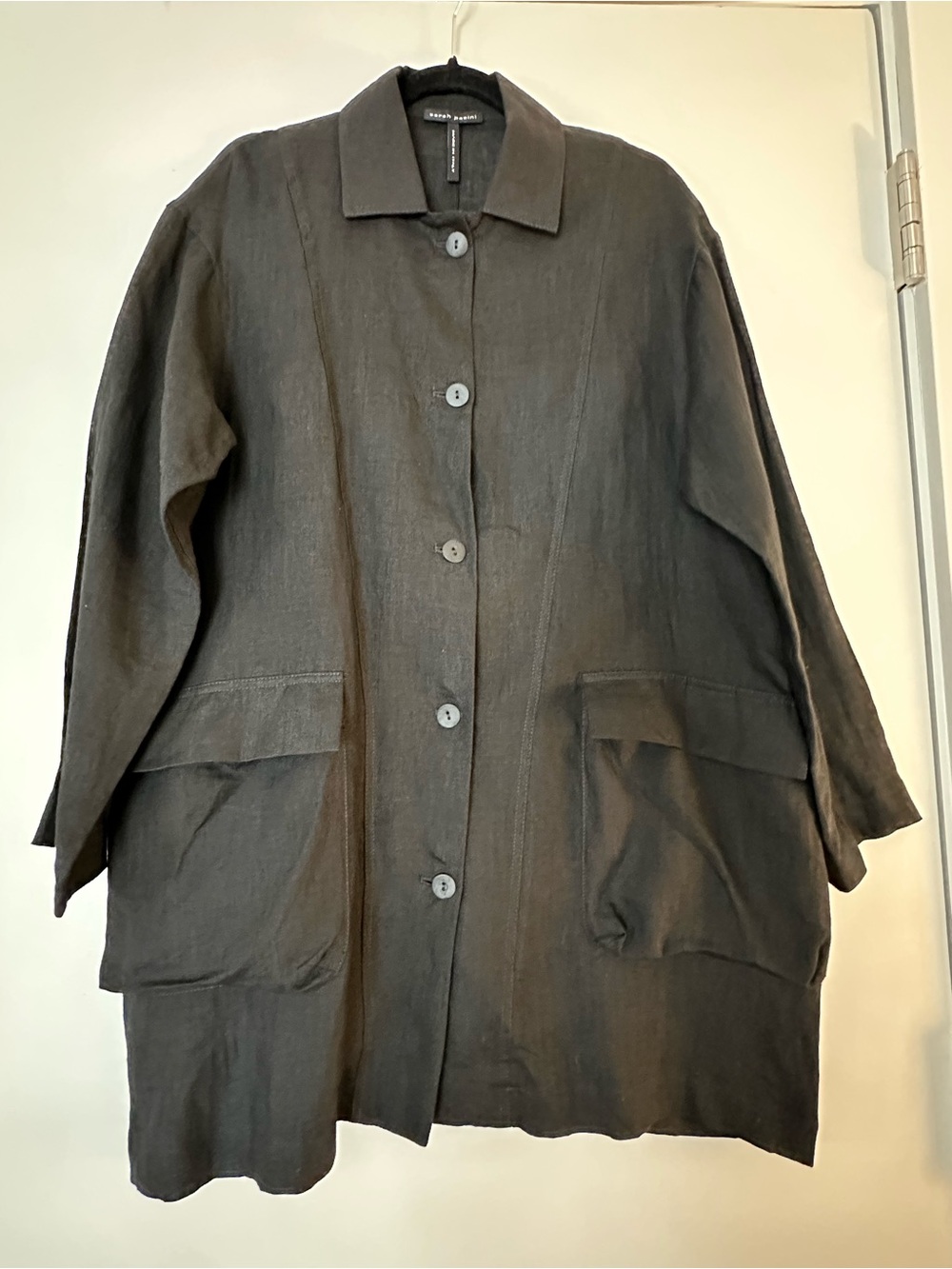 Sarah Pacini Black Button-Front Linen Trench Coat